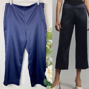 Anthropologie silky tapered cropped trousers navy satin | US 12